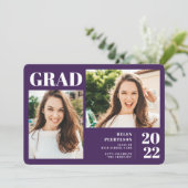 紫色のミニマルモダンリスト3枚の写真の卒業 招待状 (スタンド正面)
