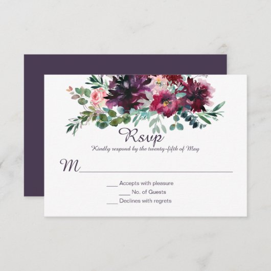 紫色のメイブピンクプラムレッドバイオレットグリーンRSVP 出欠カード (正面/裏面)