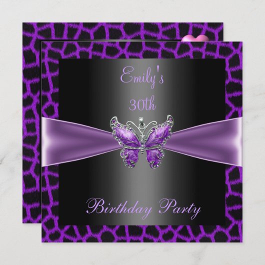 紫色のメイブブラックバタフライ30th誕生日パーティー 招待状 (正面/裏面)