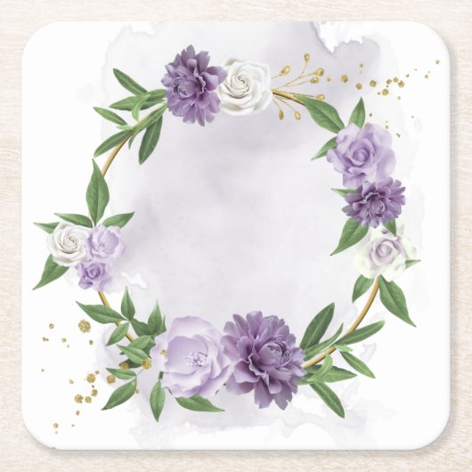 紫色のメイブホワイトフローラ スクエアペーパーコースター (正面)