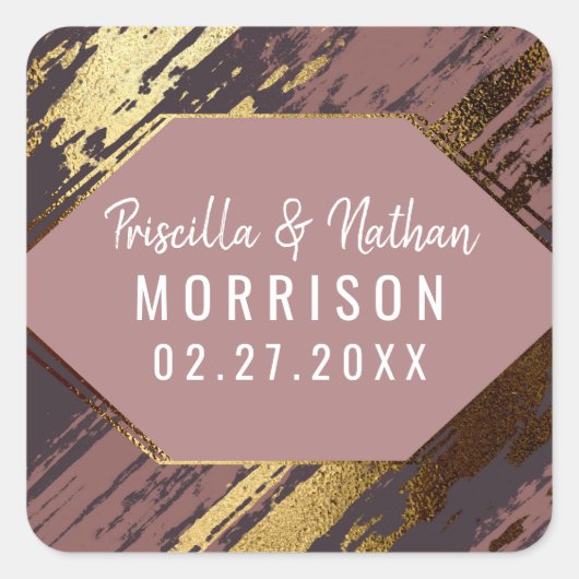 紫色のメイブ金ゴールドのブラッシュストロモダンック結婚ス スクエアシール (正面)
