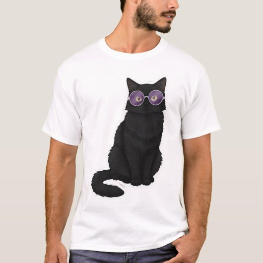 紫色のメガネをかけたミッドナイトキャット Tシャツ (正面)