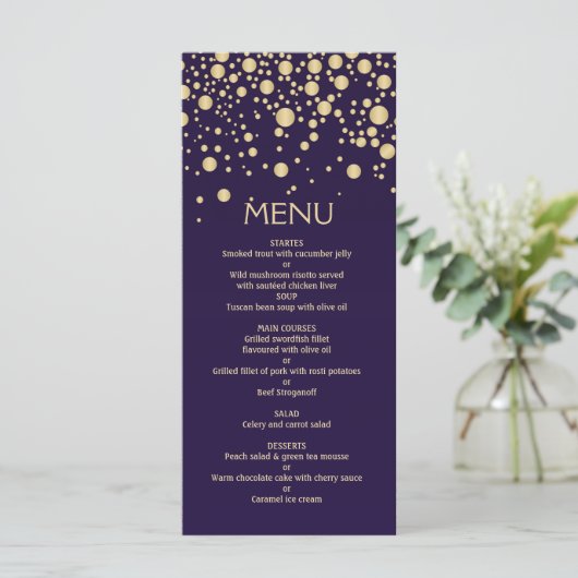 紫色のメニューカードに対するゴールデンエフェクト紙吹雪 メニュー (スタンド正面)