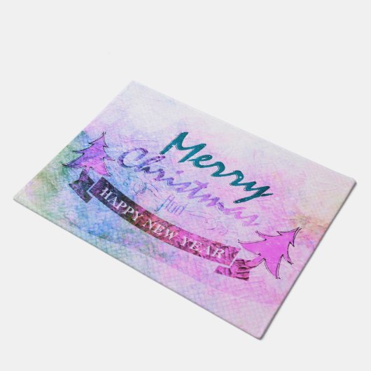 紫色のメリークリスマスの水彩画の木 ドアマット (アングル)
