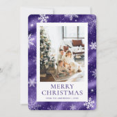 紫色のメリークリスマススノーフレークの雪の写真 シーズンカード (正面)