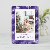 紫色のメリークリスマススノーフレークの雪の写真 シーズンカード (スタンド正面)