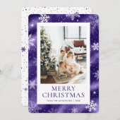 紫色のメリークリスマススノーフレークの雪の写真 シーズンカード (正面/裏面)