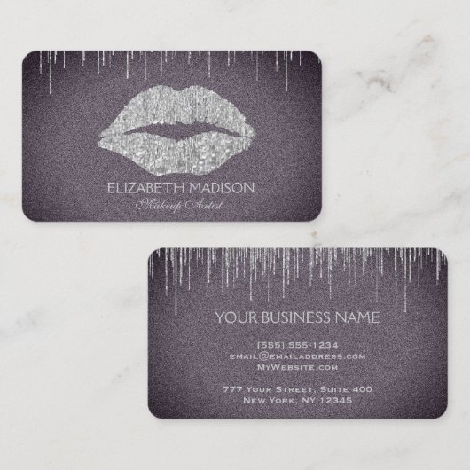 紫色のメーキャップアーティストの銀のグリッターの唇 名刺 (正面/裏面)