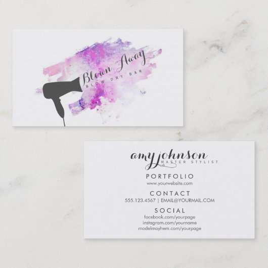 紫色のモダンな美容師のグランジでシックなブロードライのバー 名刺 (正面/裏面)