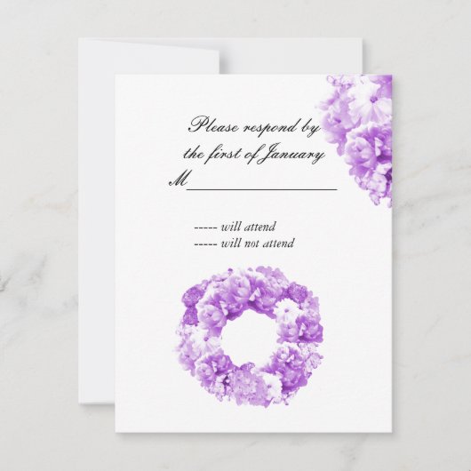 紫色のモノクロリースの花模様返信カード 出欠カード (正面)