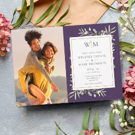 紫色のモノグラム緑の結婚写真 招待状