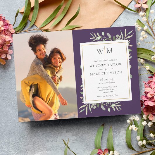 紫色のモノグラム緑の結婚写真 招待状