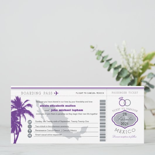 紫色のヤシの木のメキシコの搭乗券の結婚式 招待状 (スタンド正面)