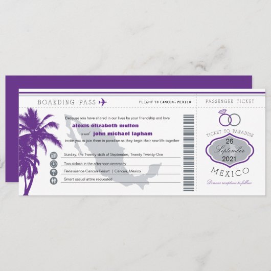紫色のヤシの木のメキシコの搭乗券の結婚式 招待状 (正面/裏面)