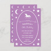 紫色のユニコーンの月および星の招待状 招待状 (正面/裏面)