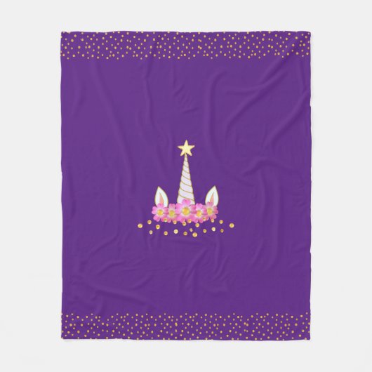 紫色のユニコーン、花と黄金の王室の紙吹雪 フリースブランケット (正面)
