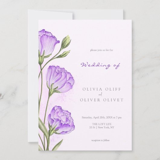 紫色のユーストマ結婚ス病 招待状 (正面)