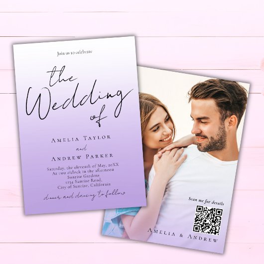 紫色のラベエレガントンダー写真QRコー結婚ド 招待状