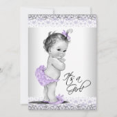 紫色のラベンダーと灰色のベビーガールシャワー 招待状 (正面)