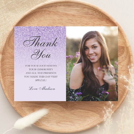紫色のラベンダーのグリッター感謝してい写真you Sweet 16 サンキューカード