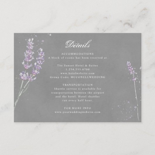 紫色のラベンダーの結婚披露宴詳細エンク エンクロージャーカード (正面)
