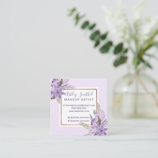 紫色のラベンダーの花の水彩画のばら色の金ゴールドの化粧 スクエア名刺 (スタンド正面)