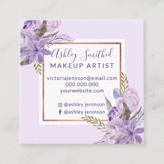 紫色のラベンダーの花の水彩画のばら色の金ゴールドの化粧 スクエア名刺 (正面)