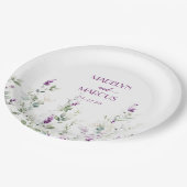 紫色のラベンダーの茎の緑のウェディングレセプション ペーパープレート (アングル)