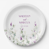 紫色のラベンダーの茎の緑のウェディングレセプション ペーパープレート (正面)