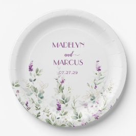 紫色のラベンダーの茎の緑のウェディングレセプション ペーパープレート