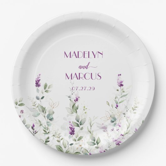 紫色のラベンダーの茎の緑のウェディングレセプション ペーパープレート (正面)