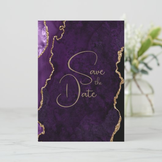 紫色のラベンダーアゲートウェディング日付を保存 招待状 (スタンド正面)