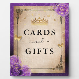 紫色のラベンダーバラ金ゴールドカードとギフトサイン フォトプラーク