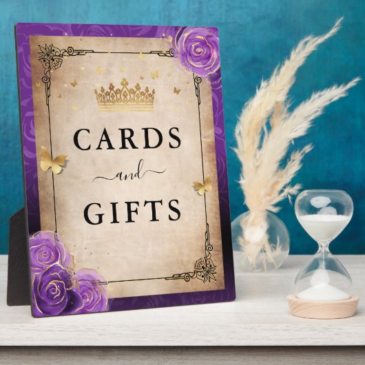 紫色のラベンダーバラ金ゴールドカードとギフトサイン フォトプラーク (側面)