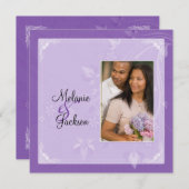 紫色のラベンダーフローラスワーズ写真結婚投稿 招待状 (正面/裏面)