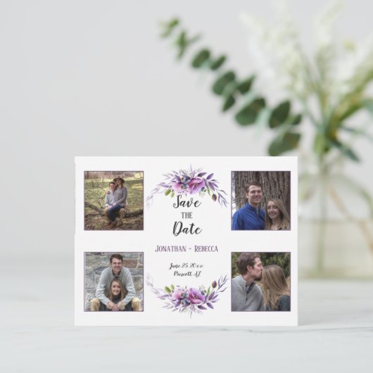 紫色のラベンダーフローラ写真の保存日付 案内ポストカード (スタンド正面)
