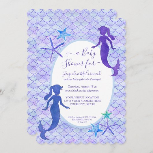 紫色のラベンダーマーメイドはかりで測ベビーガールシャワー 招待状 (正面/裏面)