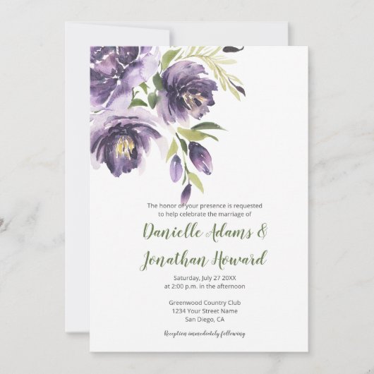 紫色のラベンダー牡丹 – グリーンバック結婚ズ 招待状 (正面)