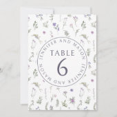 紫色のラベンダー結婚フローラのテーブル番号 招待状 (正面)
