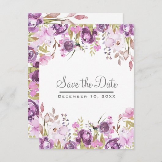 紫色のラベンダー薄紫フローラ結婚式の日付を保存 案内ポストカード (正面/裏面)