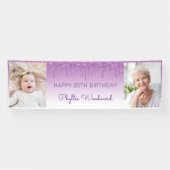 紫色のラメがしたたる2枚の写真を使った80歳の誕生日 横断幕 (横)