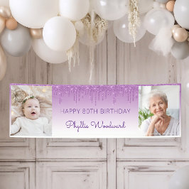 紫色のラメがしたたる2枚の写真を使った80歳の誕生日 横断幕
