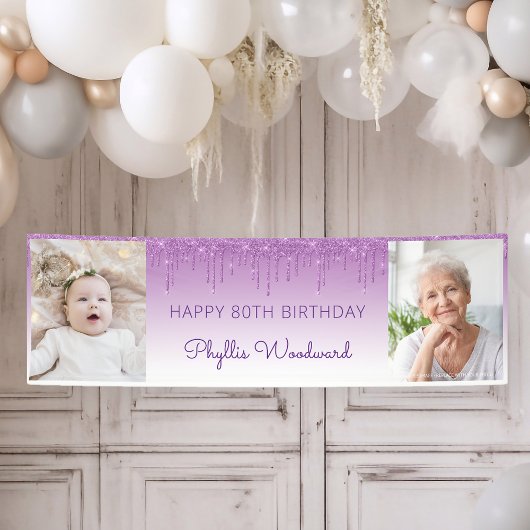 紫色のラメがしたたる2枚の写真を使った80歳の誕生日 横断幕