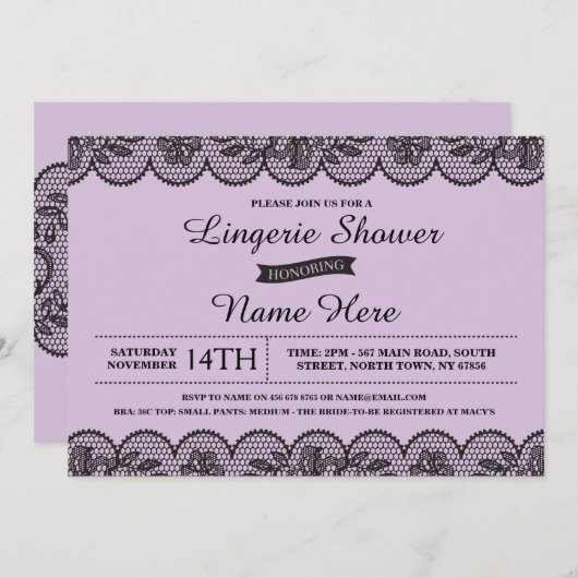 紫色のランジェリーの花嫁のシャワーの招待状のレースの薄紫 招待状 (正面/裏面)