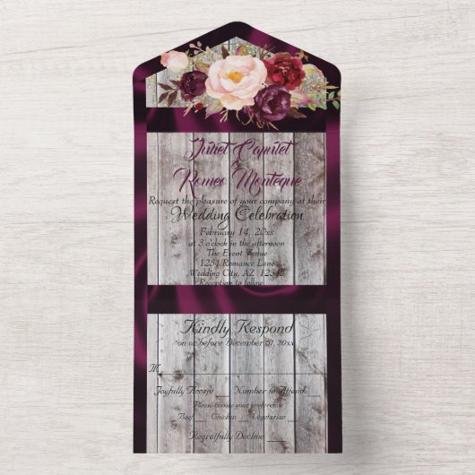 紫色のリボンとライト付きワイルドフラワー結婚ズ オールインワン招待状 (内側)