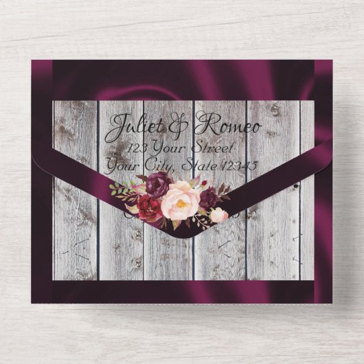 紫色のリボンとライト付きワイルドフラワー結婚ズ オールインワン招待状 (裏面)