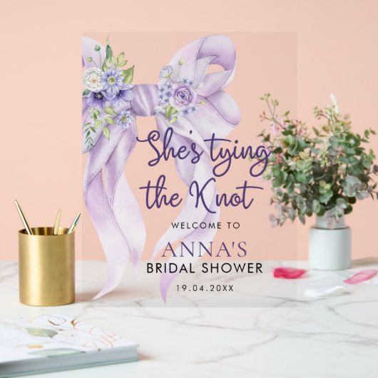紫色のリボン結び目ブライダルシャワー アクリルサイン (ウェディング)