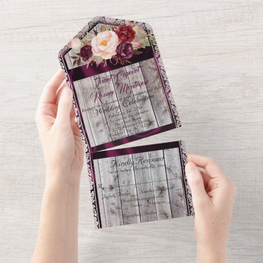 紫色のリボン、レースとライトを持つワイルドフラワー オールインワン招待状 (貼ってはがせる)