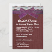 紫色のリボン、レース、赤のBurlapブライダルシャワーInv 招待状 (正面)