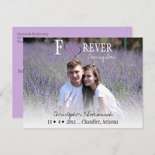 紫色のリンクハートFOREVER日付を保存 案内ポストカード (正面/裏面)